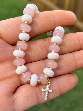 Delicate Pink and Cream Candy Beads Cross Bracelet